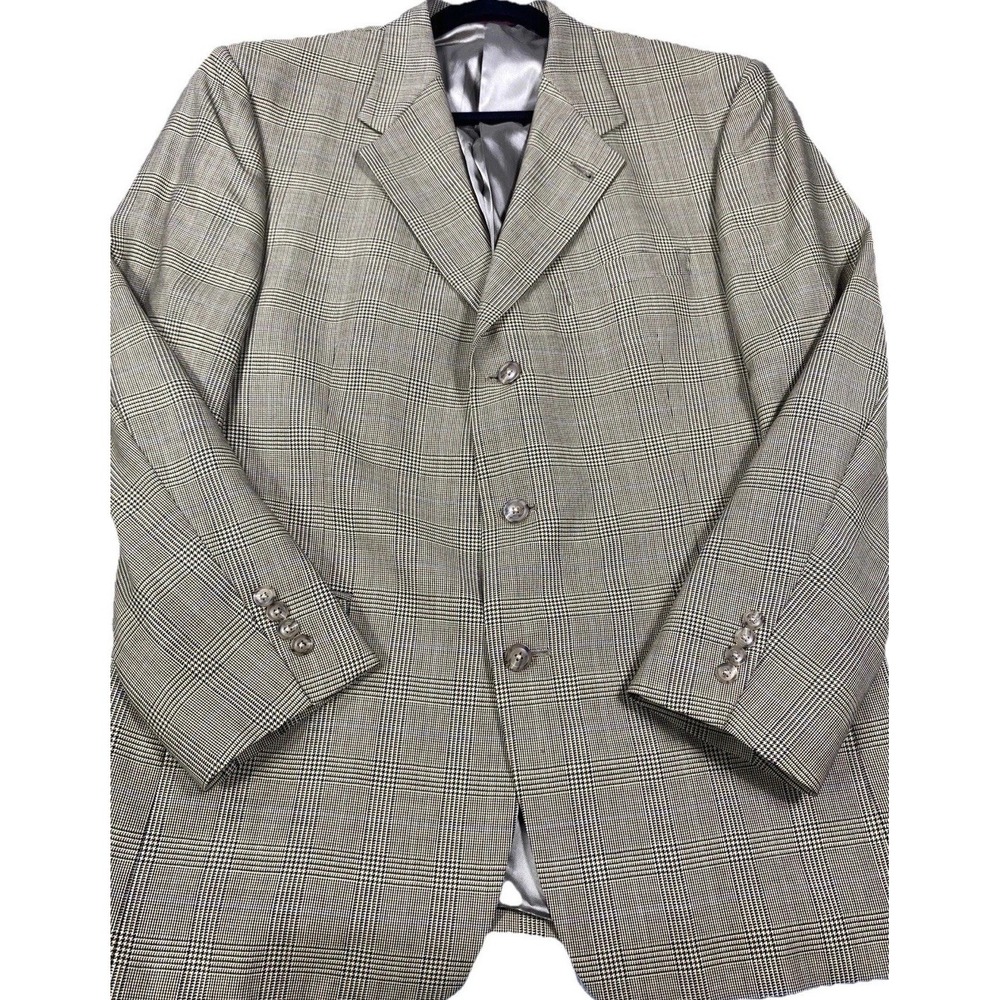 Vintage Hart Schaffner Marx Sport Coat Blazer Mens 44R Wool Windowpane Plaid Tan